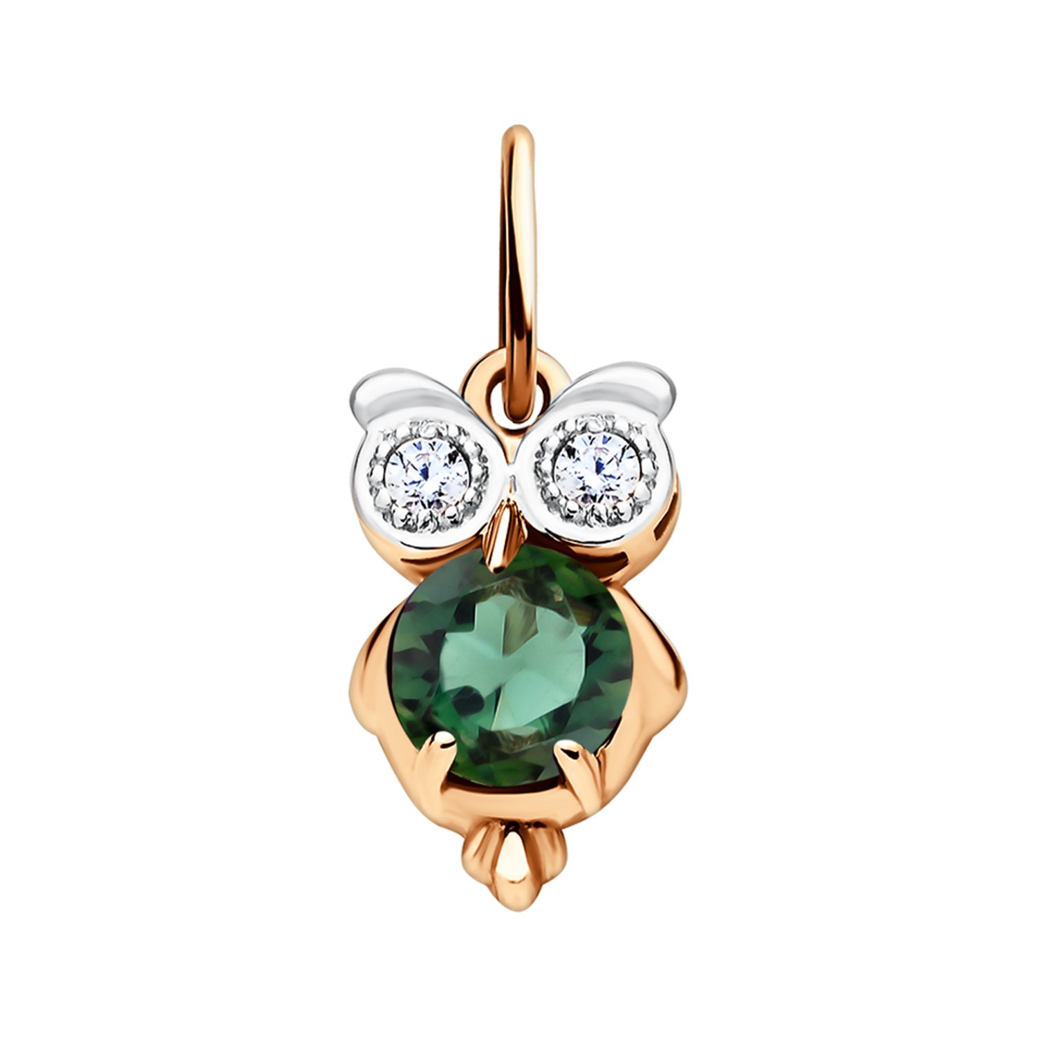 Золотая подвеска Сова с турмалином и фианитами с родированием
