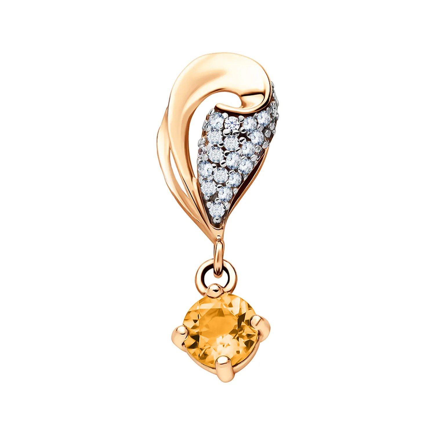 Золотая подвеска с цитрином и фианитами с родированием