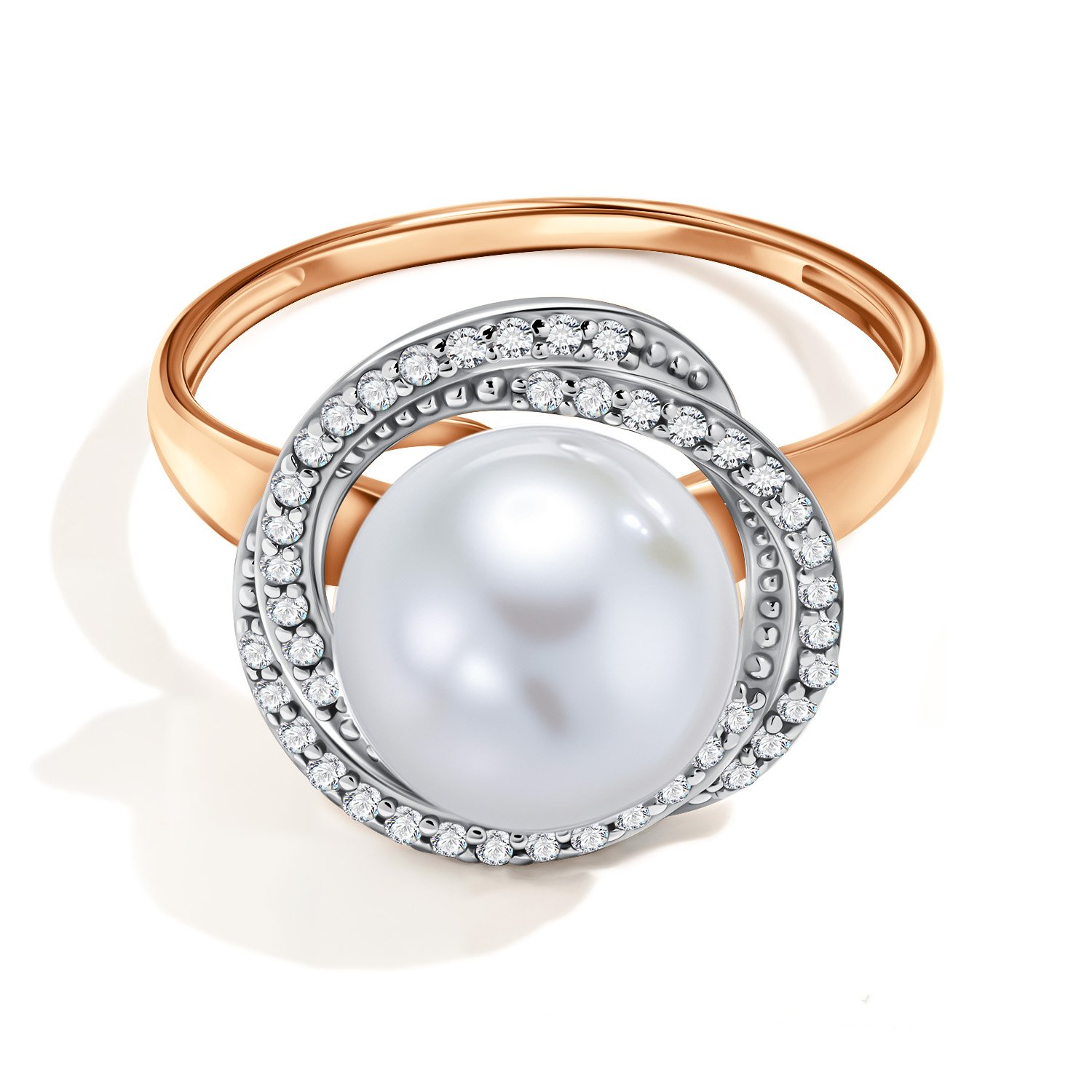 Золотое кольцо с жемчугом и фианитами