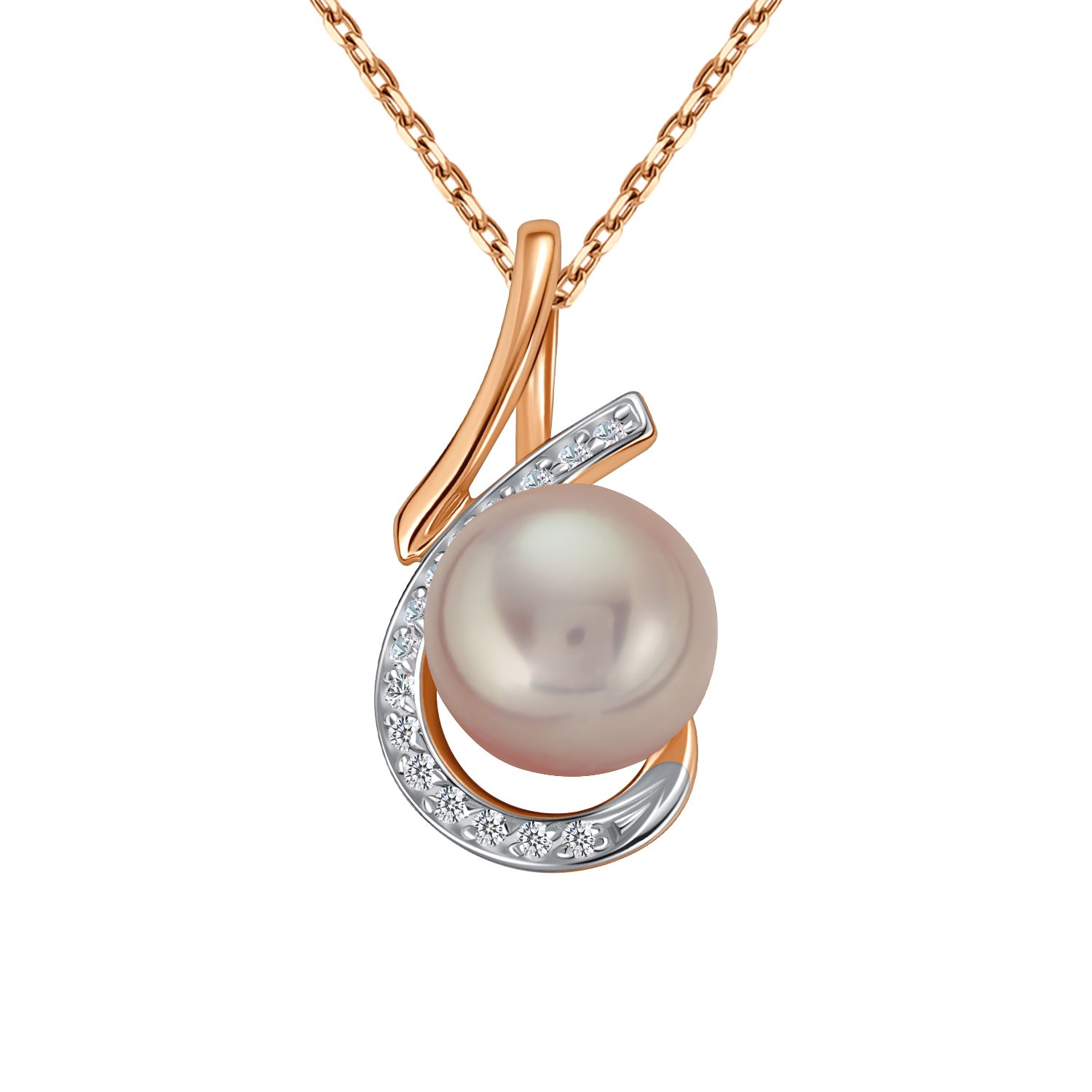 Золотая подвеска с жемчугом и фианитами с родированием