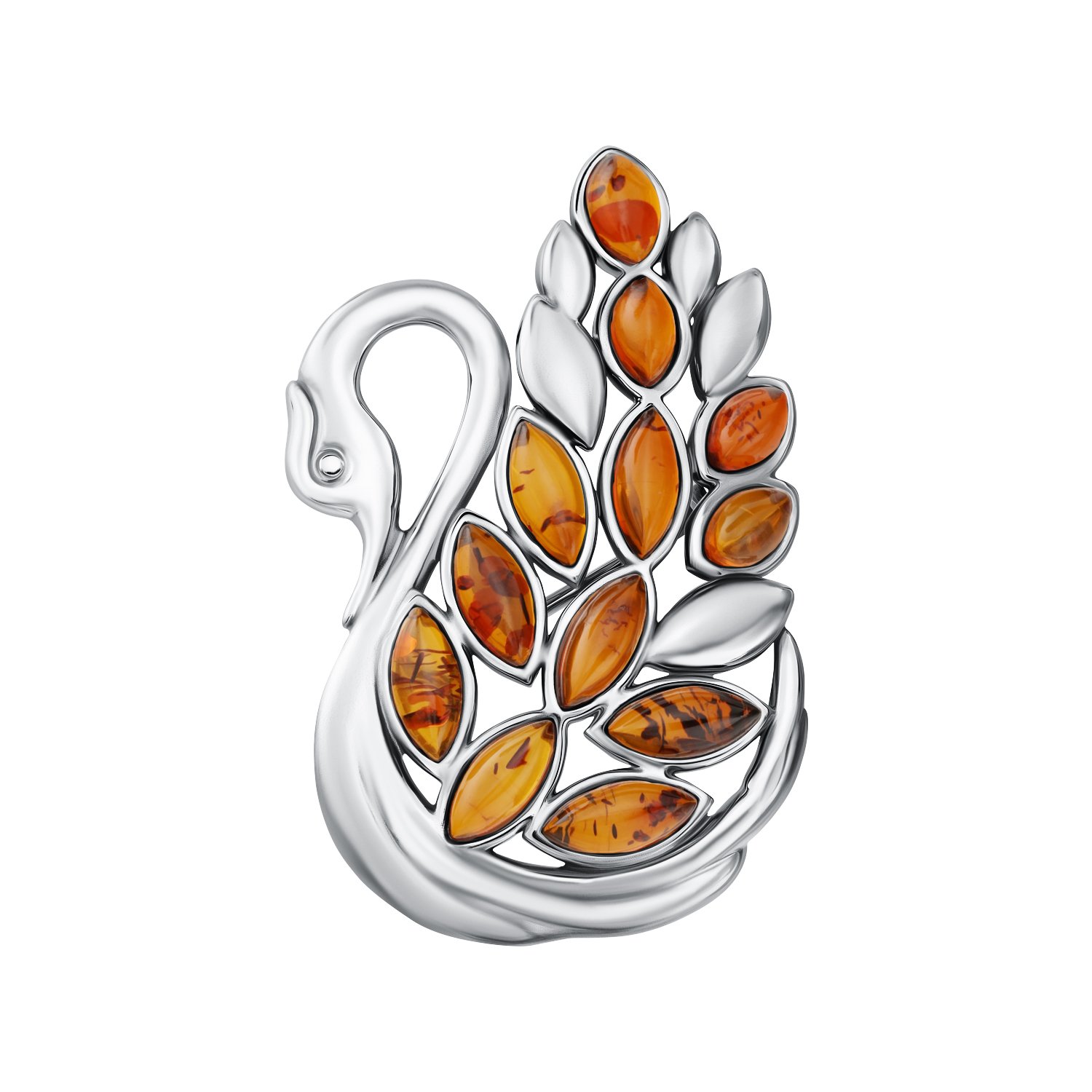 Серебряная брошь с янтарем и платинированием
