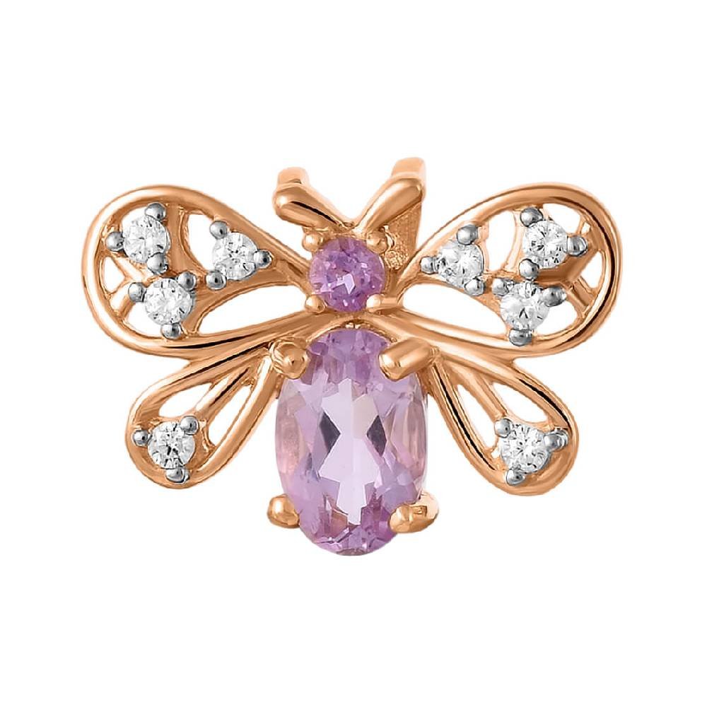 Золотая подвеска с аметистом и фианитами с родированием