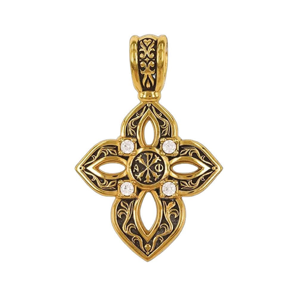 Серебряный крест с фианитами с позолотой и чернением