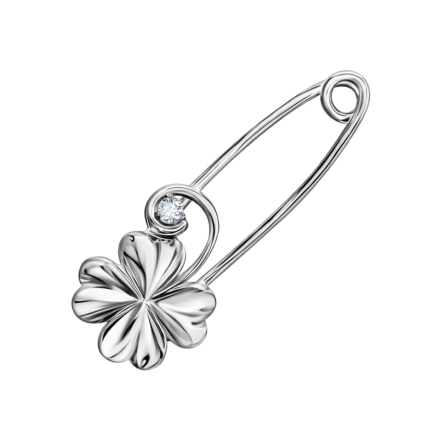 Серебряная брошь-булавка Клевер с фианитом